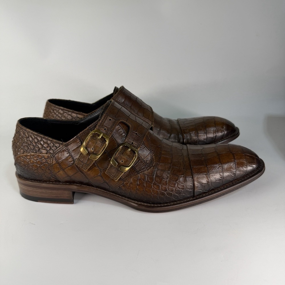 Jo Ghost Croc Double Monk Strap Cap Toe Mens 10.5 43.5 Italy Burnished Embossed
